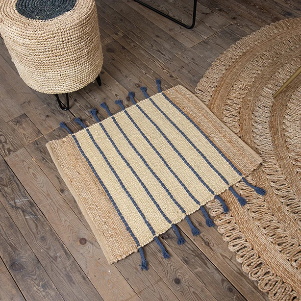 Didim - Tapis en jute et coton bleues 80x60 cm