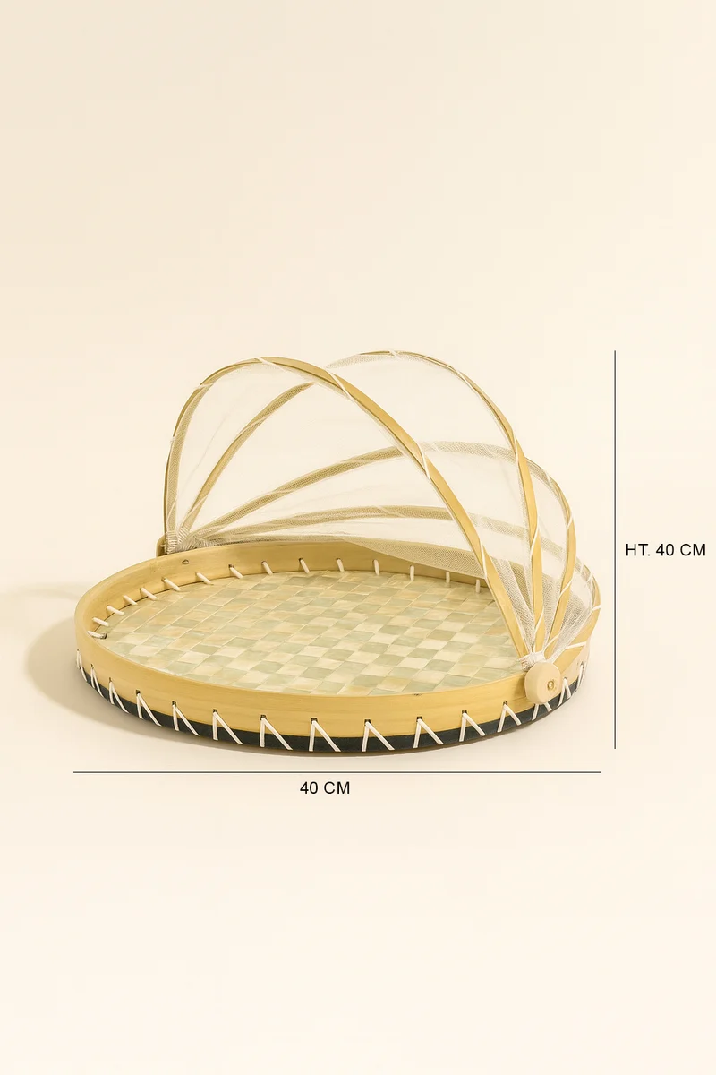 Zina - Plateau rond avec cloche en coquilles de Capiz nacré verte et bambou naturel