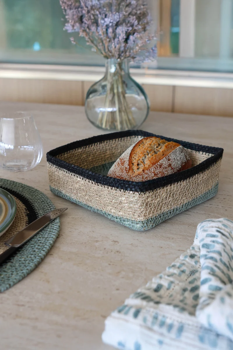 Dune - Panier carré en jonc de mer naturel bleu