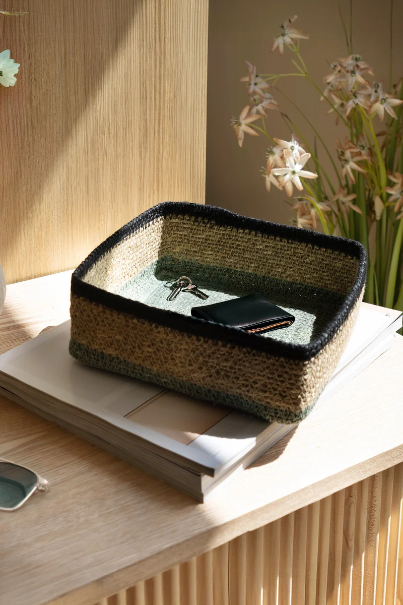 Dune - Panier carré en jonc de mer naturel bleu