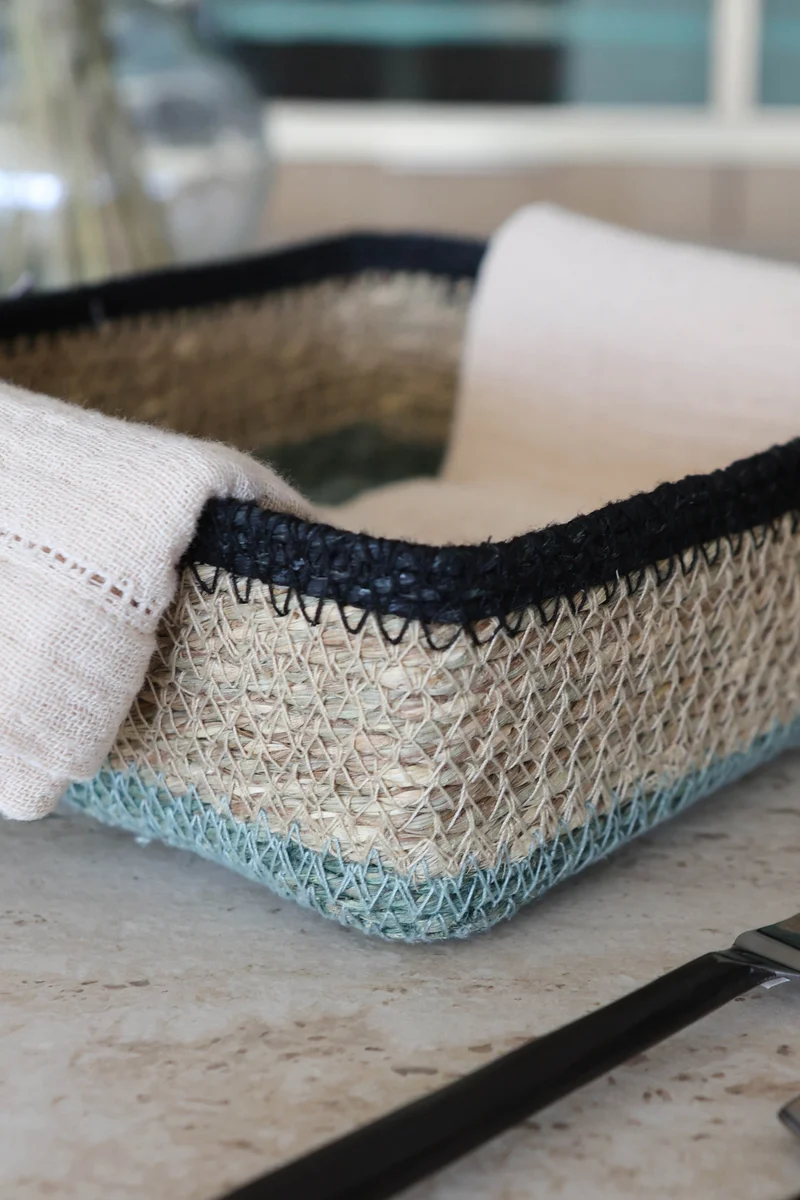 Dune - Panier carré en jonc de mer naturel bleu