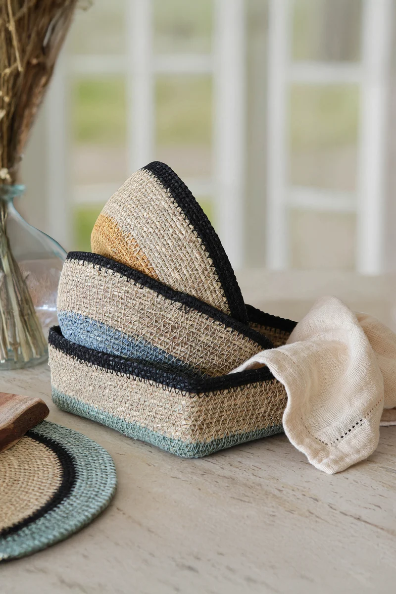 Dune - Panier carré en jonc de mer naturel bleu