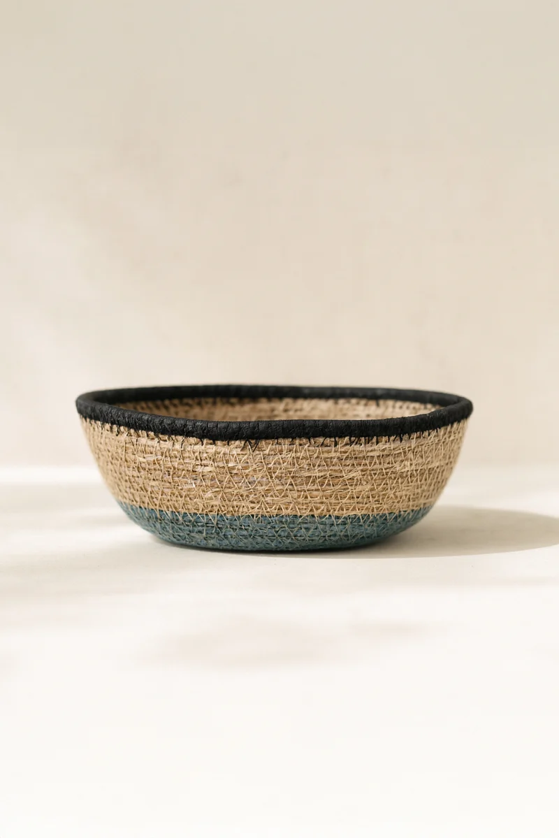 Dune - Panier ovale en jonc de mer naturel bleu