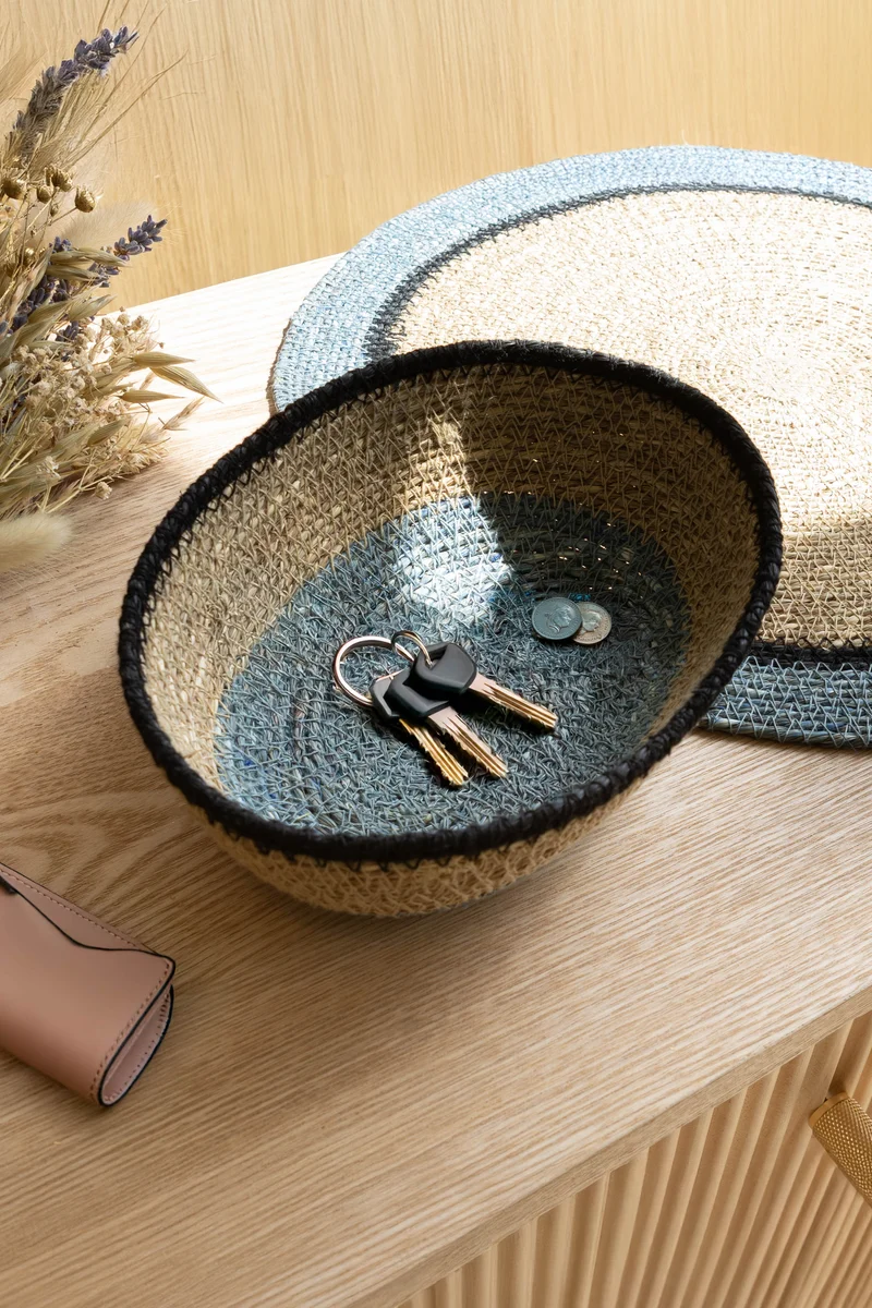 Dune - Panier ovale en jonc de mer naturel bleu