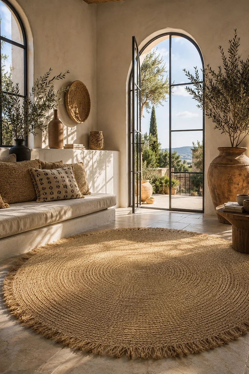Serifos - Tapis en fibres naturelles avec franges D180 cm