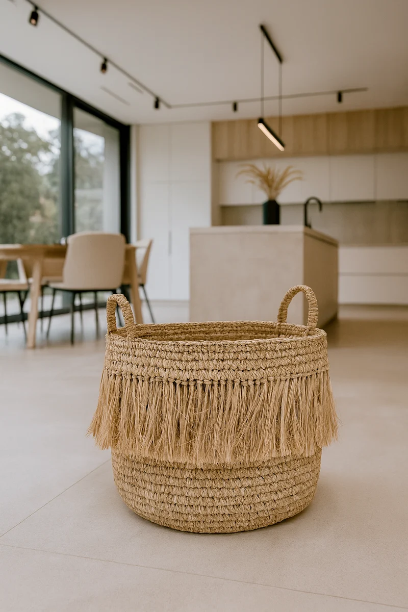 Luys - Panier à franges en raphia naturel D44xH41 cm