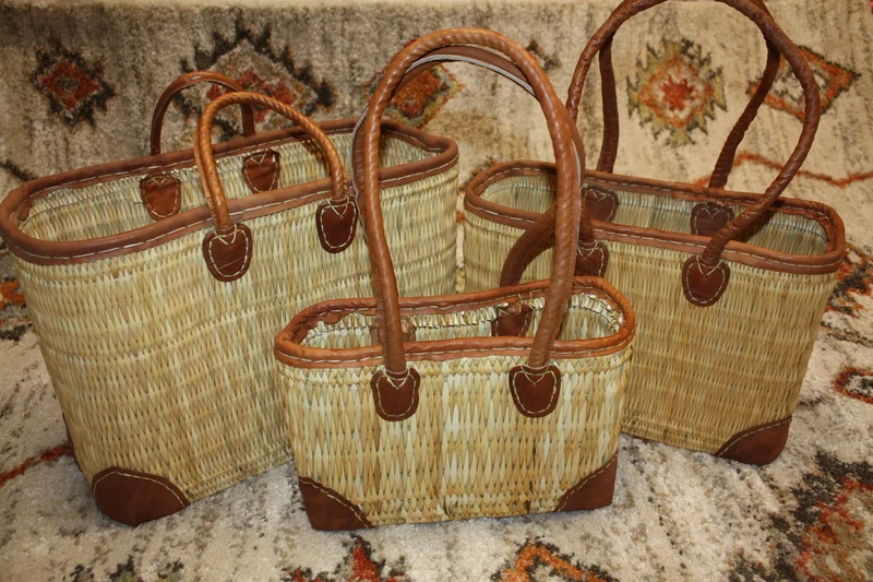 Panier de courses en jonc - Cabas marchés osier sac rotin - SOLIDE RENFORTS CUIR - 3 Tailles