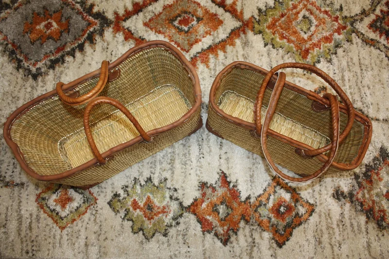 Panier de courses en jonc - Cabas marchés osier sac rotin - SOLIDE RENFORTS CUIR - 3 Tailles