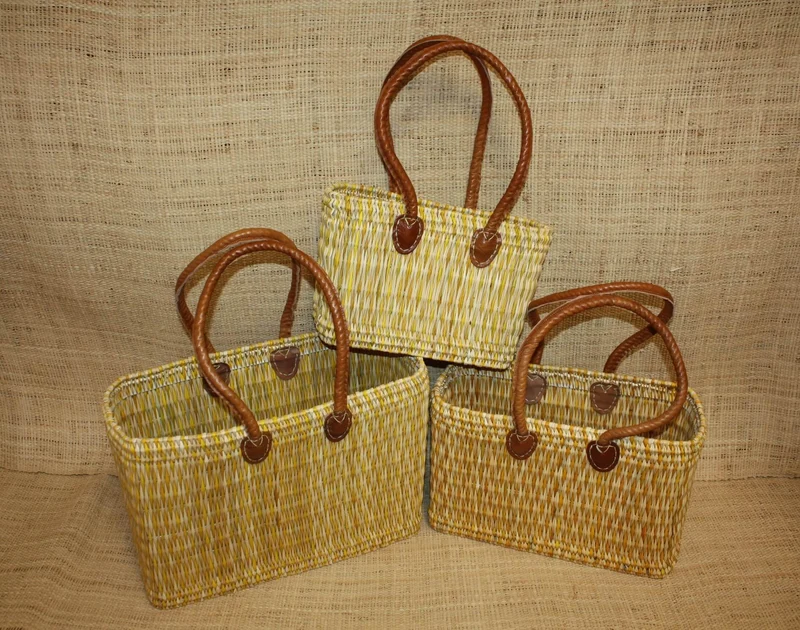 Panier bicolore en jonc avec anses longues - Cabas osier Sac Paille