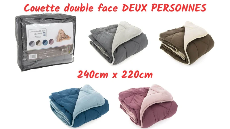 Couette unie double face 2 personnes - 240x220cm - 400Gr/M² - Qualité 4 saisons