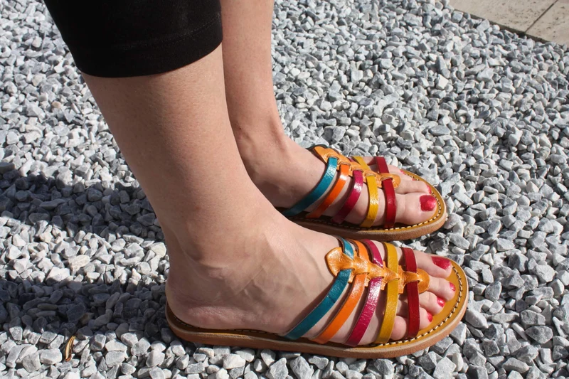 Sandales été Femme - CUIR MULTICOLORE - Artisanale & Naturelle - Du 35 au 43 - Turquoise Camel Fuchsia Jaune Rouge -