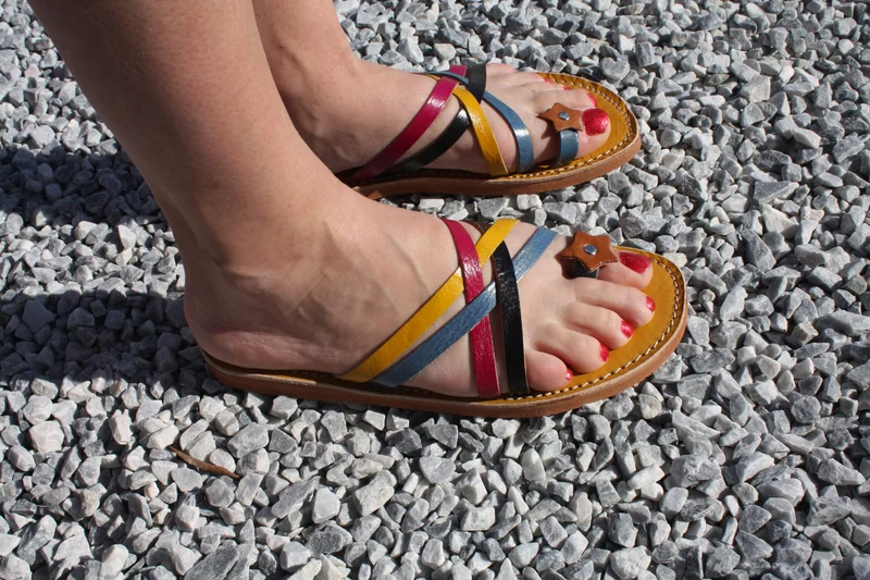 Sandales Femme - CUIR CROISÉ CONFORT - Fait Main & Naturelle - Du 35 au 42 - Bleu, Jaune, Noir et Fuchsia -