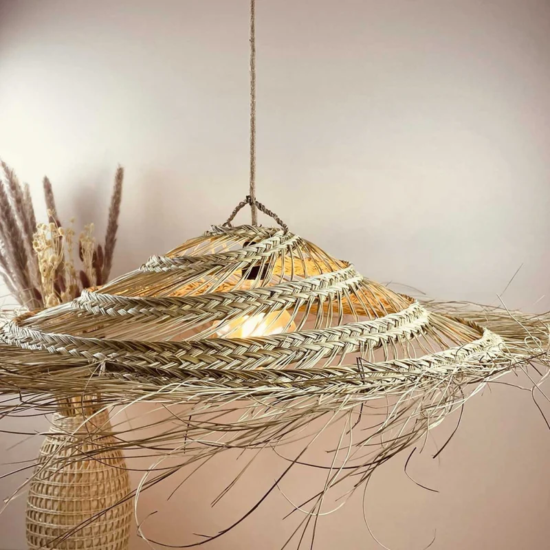 SUSPENSION Parasol Plat - Luminaire Paille Abat Jour Tressé - 4 TAILLES au choix - Décoration Naturelle -