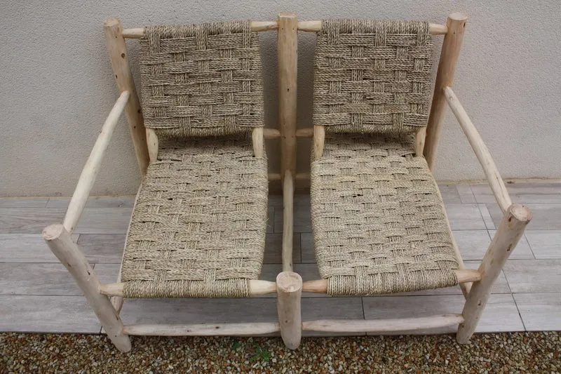 BANQUETTE FAUTEUIL DOUBLE en Bois et Palmier - Canapé 100% Fait Main - Original & Confortable !