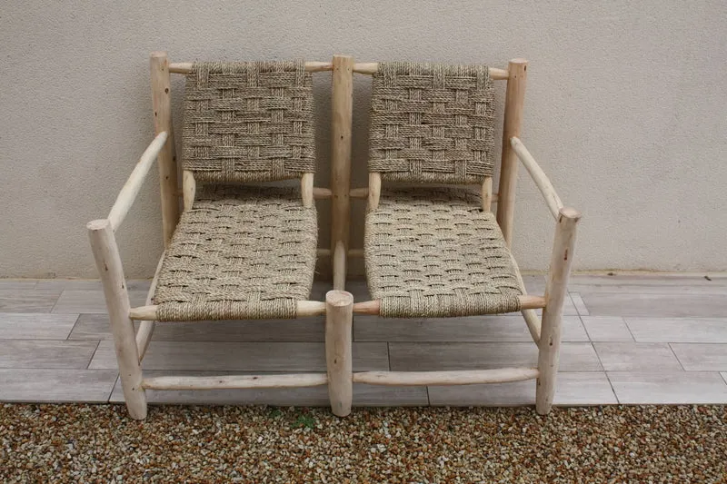 BANQUETTE FAUTEUIL DOUBLE en Bois et Palmier - Canapé 100% Fait Main - Original & Confortable !