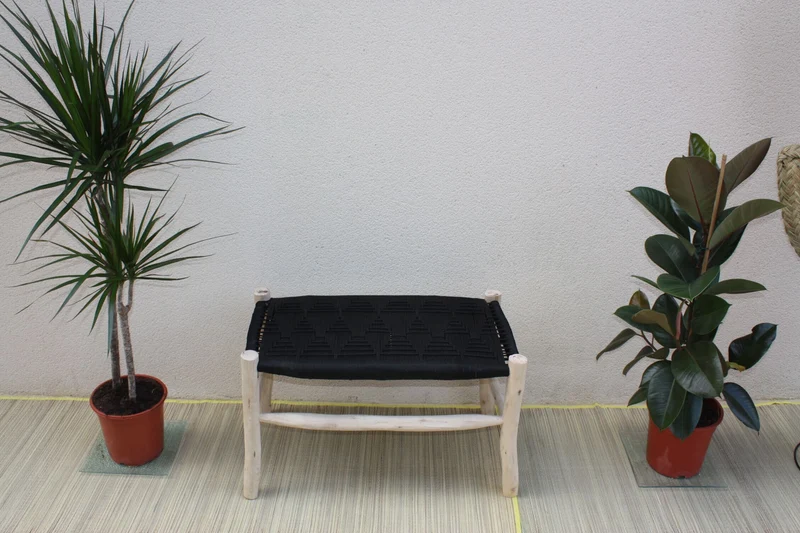 BANC Noir & Naturel - Bois de Citronnier - Banquette tressée nylon - Décoration Chic & Bohème