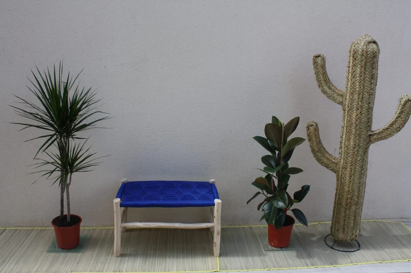 SUPERBE BANC tressage Nylon BLEU - Bois de Citronnier - Banquette tressée Main - Décoration tendance