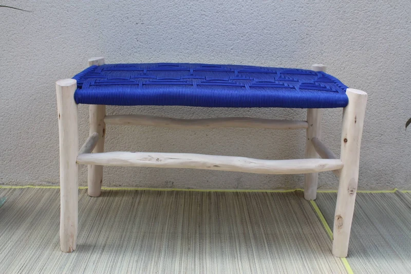 SUPERBE BANC tressage Nylon BLEU - Bois de Citronnier - Banquette tressée Main - Décoration tendance