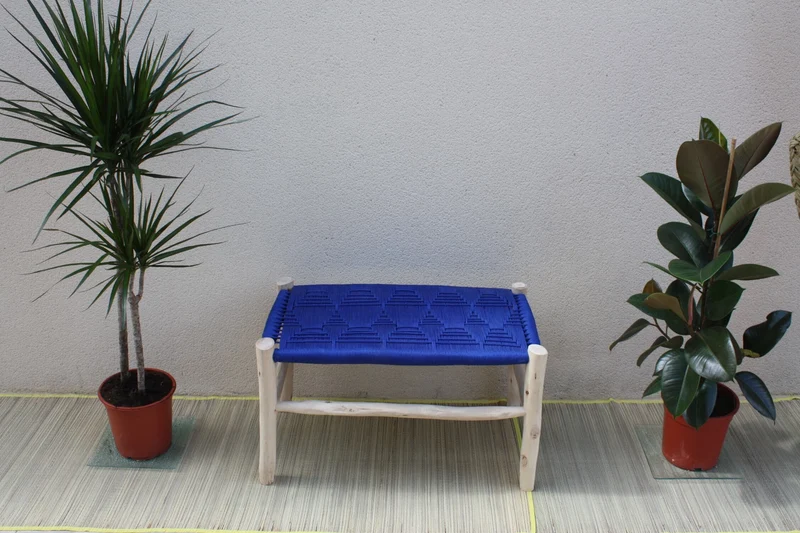 SUPERBE BANC tressage Nylon BLEU - Bois de Citronnier - Banquette tressée Main - Décoration tendance