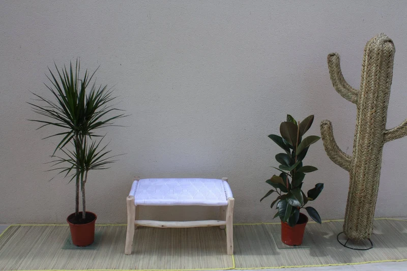 BANC Marocain Blanc - Bois de Citronnier - Banquette tressée nylon - Décoration Bohème