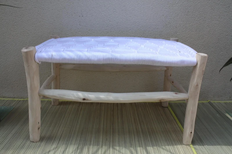 BANC Marocain Blanc - Bois de Citronnier - Banquette tressée nylon - Décoration Bohème