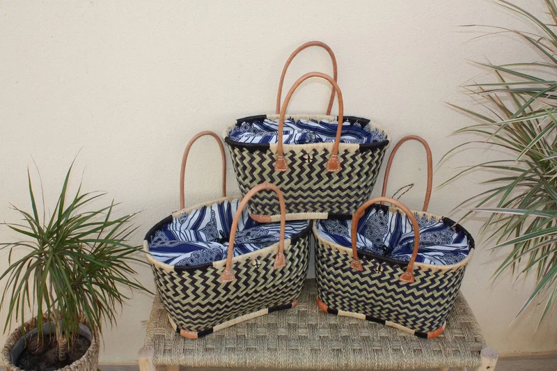 Panier Marché Noir & Naturel - Pochon Tissu WAX Bleu et Blanc - Cabas courses - Sac de plage - 3 Tailles -