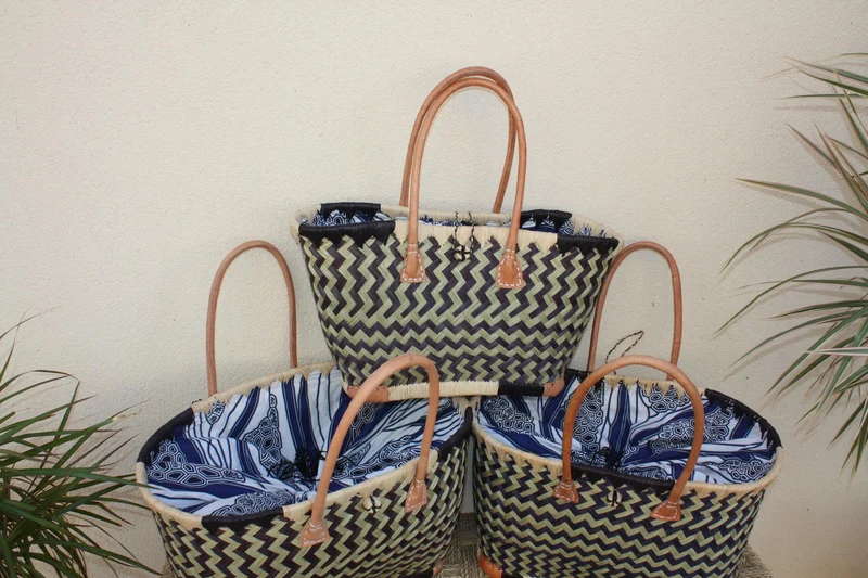 Panier Marché Noir & Naturel - Pochon Tissu WAX Bleu et Blanc - Cabas courses - Sac de plage - 3 Tailles -