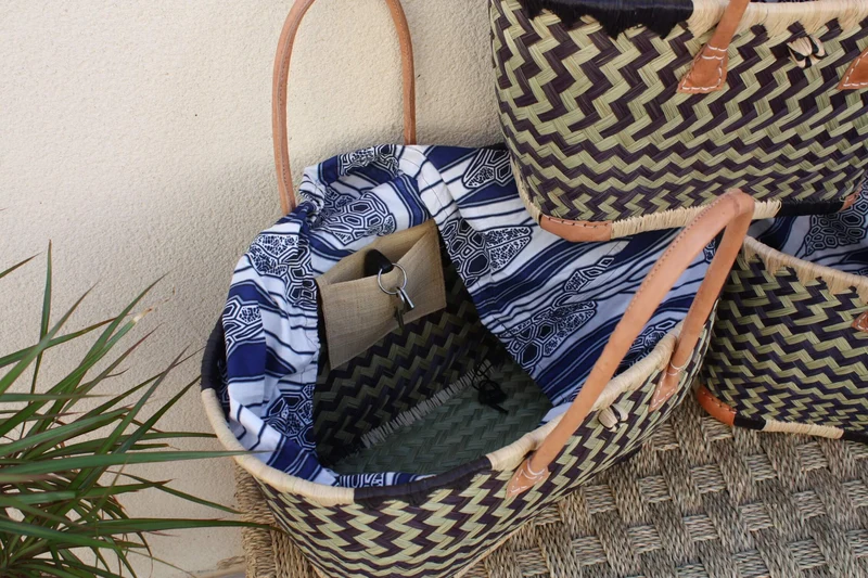 Panier Marché Noir & Naturel - Pochon Tissu WAX Bleu et Blanc - Cabas courses - Sac de plage - 3 Tailles -