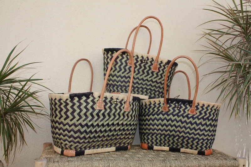 Panier Marché Noir & Naturel - Pochon Tissu WAX Bleu et Blanc - Cabas courses - Sac de plage - 3 Tailles -