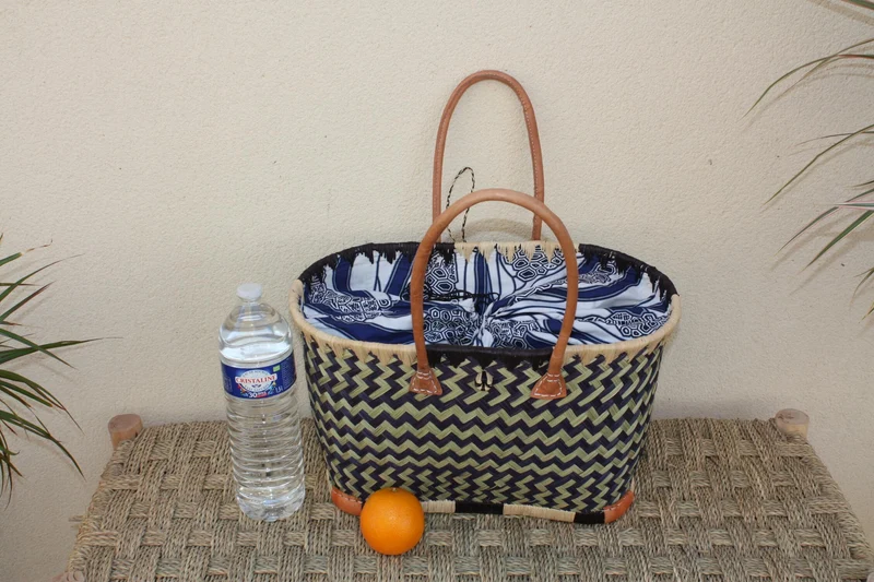 Panier Marché Noir & Naturel - Pochon Tissu WAX Bleu et Blanc - Cabas courses - Sac de plage - 3 Tailles -
