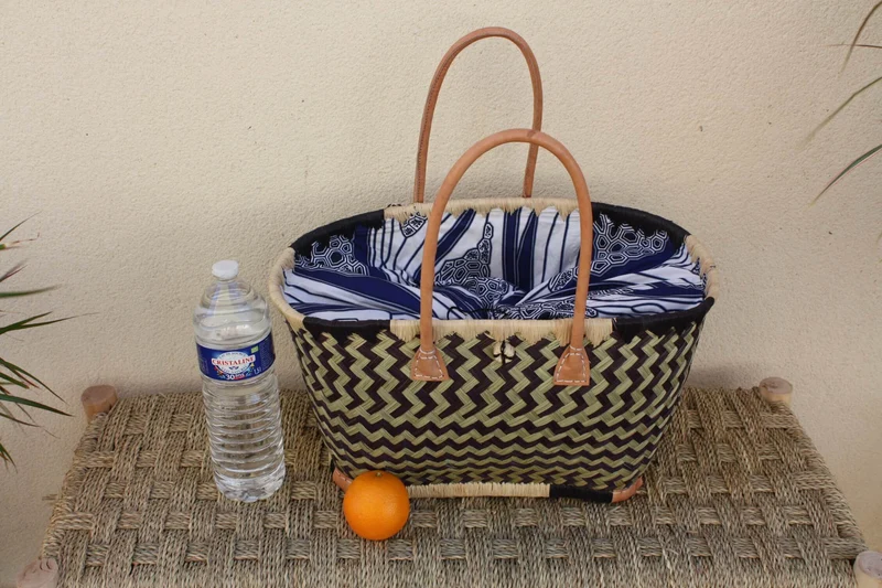Panier Marché Noir & Naturel - Pochon Tissu WAX Bleu et Blanc - Cabas courses - Sac de plage - 3 Tailles -