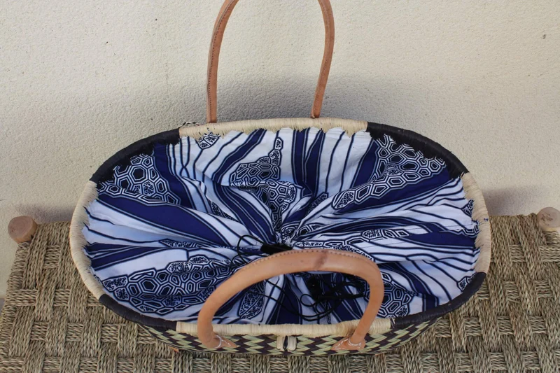 Panier Marché Noir & Naturel - Pochon Tissu WAX Bleu et Blanc - Cabas courses - Sac de plage - 3 Tailles -