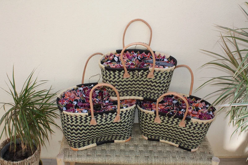Panier Marché Noir avec Pochon Tissu WAX fleurs ORANGE & FUCHSIA - Cabas courses - Sac de plage - 3 Tailles -