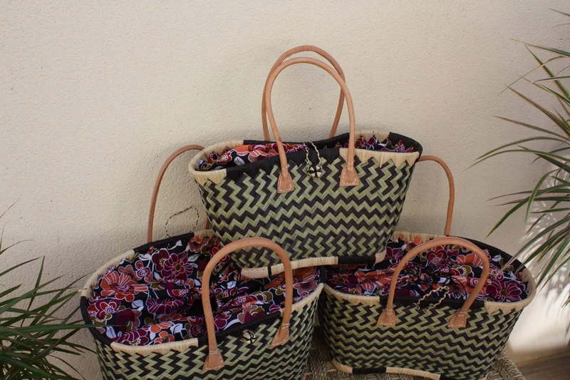 Panier Marché Noir avec Pochon Tissu WAX fleurs ORANGE & FUCHSIA - Cabas courses - Sac de plage - 3 Tailles -