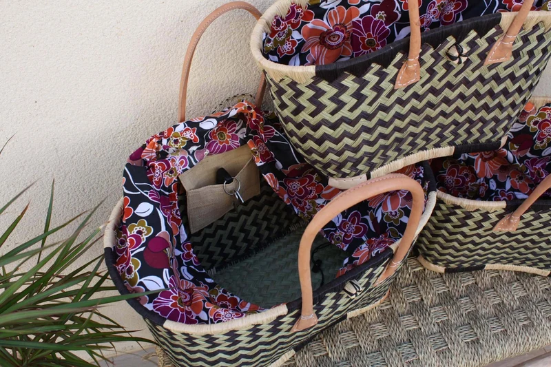 Panier Marché Noir avec Pochon Tissu WAX fleurs ORANGE & FUCHSIA - Cabas courses - Sac de plage - 3 Tailles -