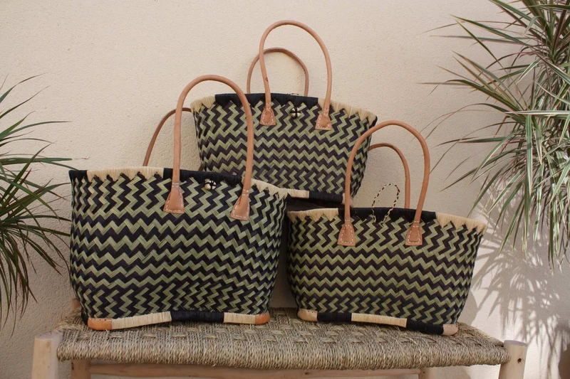 Panier Marché Noir avec Pochon Tissu WAX fleurs ORANGE & FUCHSIA - Cabas courses - Sac de plage - 3 Tailles -