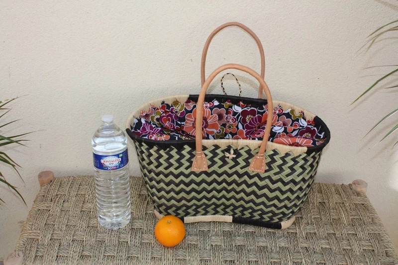 Panier Marché Noir avec Pochon Tissu WAX fleurs ORANGE & FUCHSIA - Cabas courses - Sac de plage - 3 Tailles -