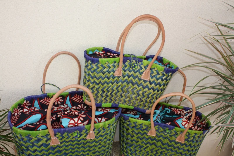 Cabas courses Vert & Bleu - Pochon Tissu WAX Fleurs Rouge - Panier marché - Sac de plage - 3 TAILLES