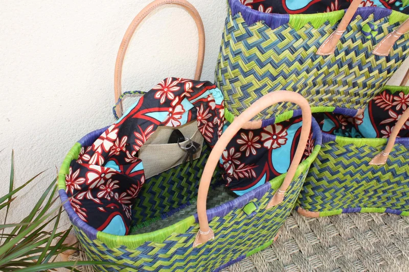Cabas courses Vert & Bleu - Pochon Tissu WAX Fleurs Rouge - Panier marché - Sac de plage - 3 TAILLES