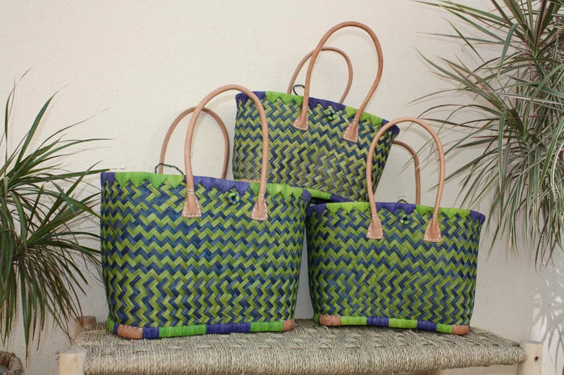 Cabas courses Vert & Bleu - Pochon Tissu WAX Fleurs Rouge - Panier marché - Sac de plage - 3 TAILLES