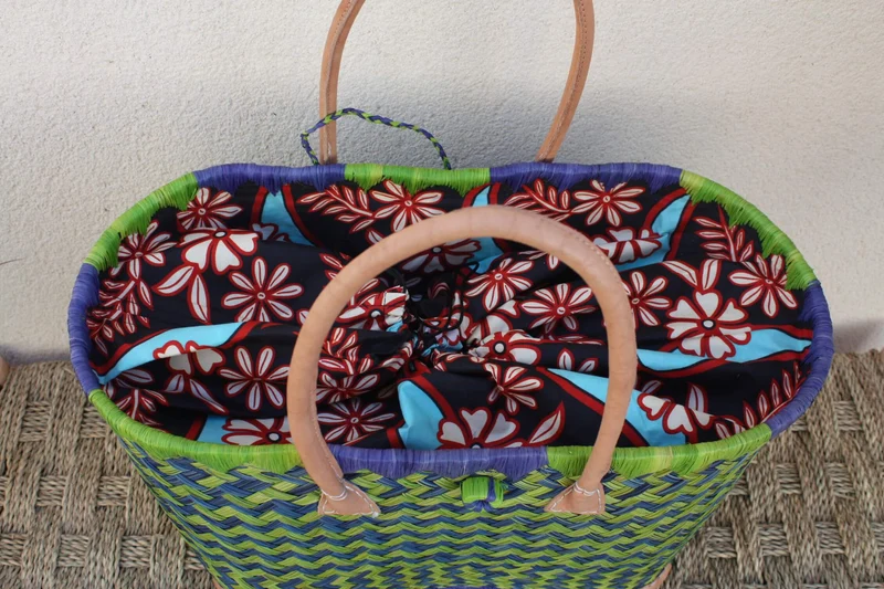 Cabas courses Vert & Bleu - Pochon Tissu WAX Fleurs Rouge - Panier marché - Sac de plage - 3 TAILLES