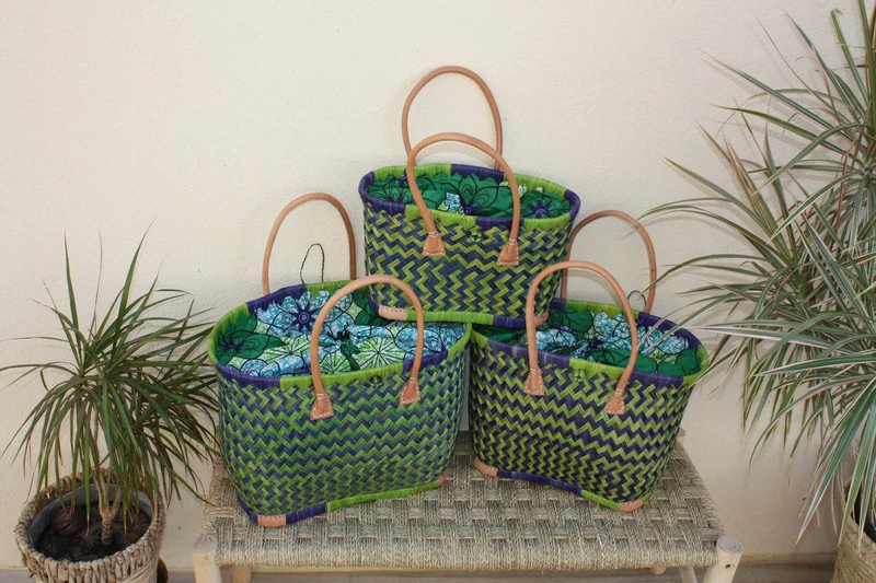 Cabas de courses avec Pochon Tissu WAX Vert & Bleu - panier marché - Sac de plage - 3 TAILLES