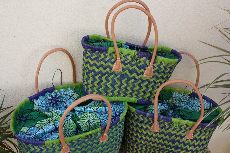 Cabas de courses avec Pochon Tissu WAX Vert & Bleu - panier marché - Sac de plage - 3 TAILLES