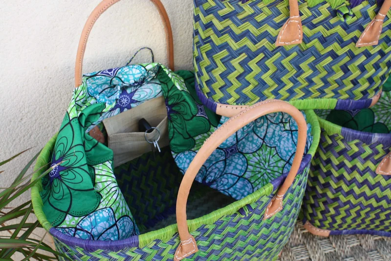 Cabas de courses avec Pochon Tissu WAX Vert & Bleu - panier marché - Sac de plage - 3 TAILLES