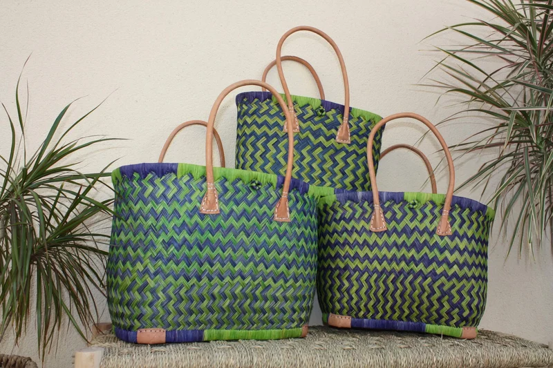 Cabas de courses avec Pochon Tissu WAX Vert & Bleu - panier marché - Sac de plage - 3 TAILLES
