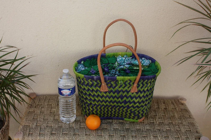 Cabas de courses avec Pochon Tissu WAX Vert & Bleu - panier marché - Sac de plage - 3 TAILLES