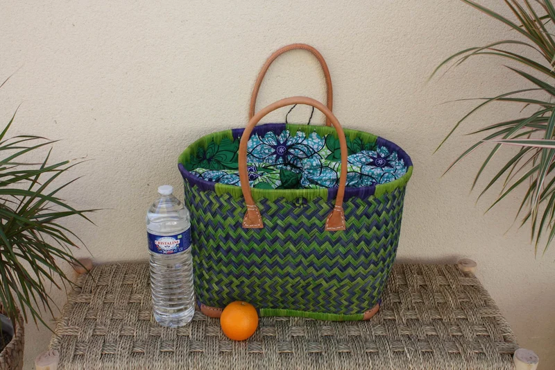 Cabas de courses avec Pochon Tissu WAX Vert & Bleu - panier marché - Sac de plage - 3 TAILLES