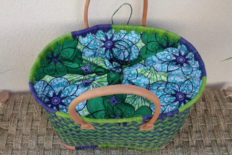 Cabas de courses avec Pochon Tissu WAX Vert & Bleu - panier marché - Sac de plage - 3 TAILLES