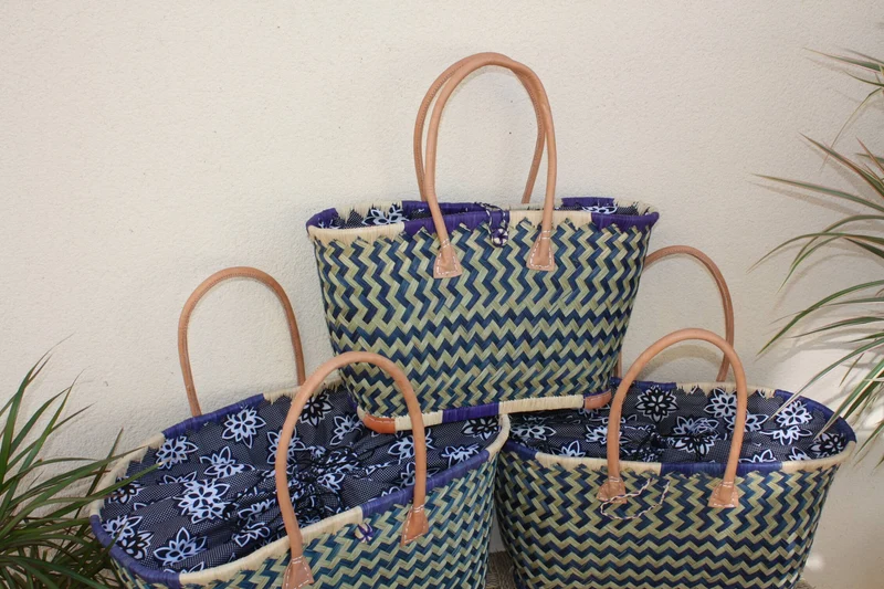 Panier de courses avec Pochon Tissu WAX fleurs Bleu - Cabas marchés - Sac de plage - 3 TAILLES -