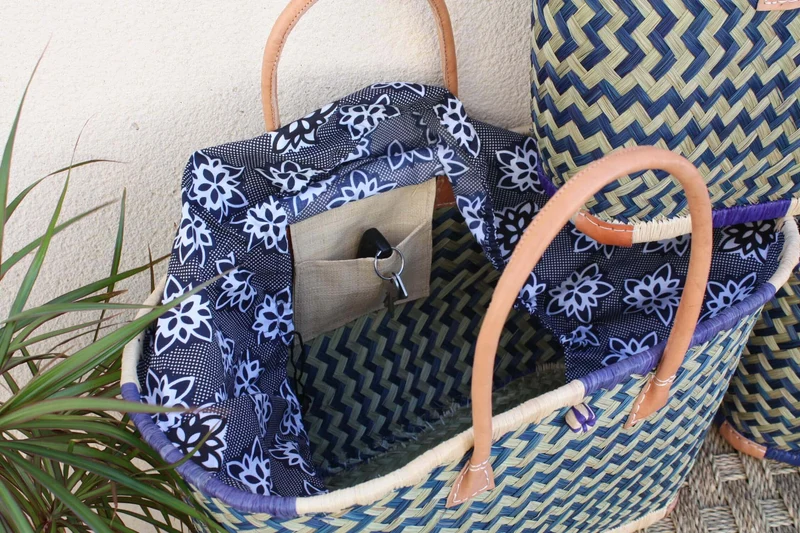 Panier de courses avec Pochon Tissu WAX fleurs Bleu - Cabas marchés - Sac de plage - 3 TAILLES -